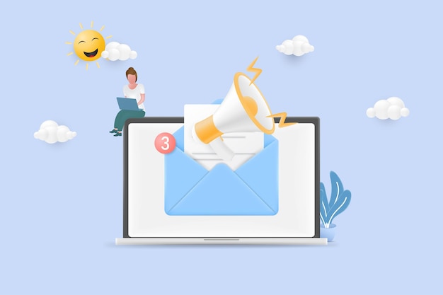 3d-e-mail-marketing charakter, der werbemails und werbeangebote sendet e-commerce-geschäftskonzept 3d-vektorillustration