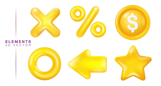 Vektor 3d-element kunststoff-icon-set, dollarmünze, multiplikationszeichen, stern, pfeil, prozentzeichen, kreis.