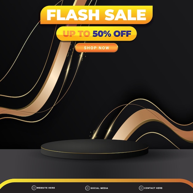 3d flash sale banner social media template post mit leerzeichen 3d podium für produkt mit abstraktem farbverlauf in schwarzer hintergrundfarbe
