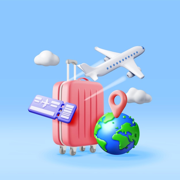 3d Flugtickets Reisetasche Globus und Flugzeug