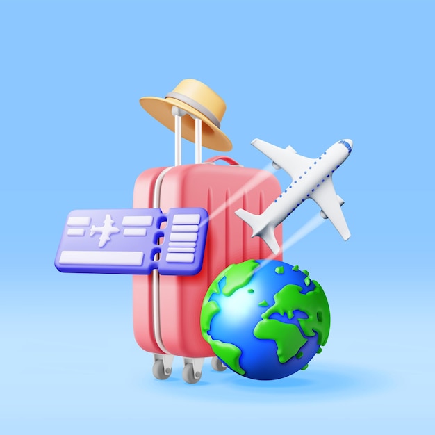 3d Flugtickets Reisetasche Globus und Flugzeug