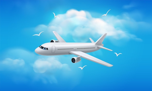 3D-Flugzeugflug Himmeltransport Passagierluftfahrt Gepäck und Ticket für Flug Flugzeugflugzeug Rumpf und Vögel Urlaub oder Flughafen Poster Reisen genaues Konzept Vektorhintergrund