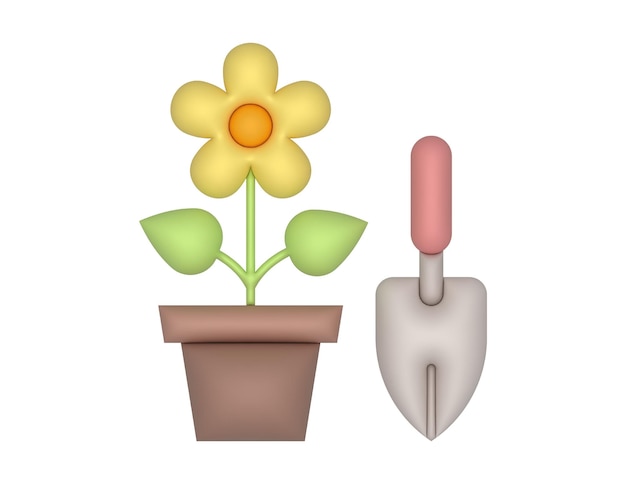 3d, Gelbe Blume, Und, Trowel