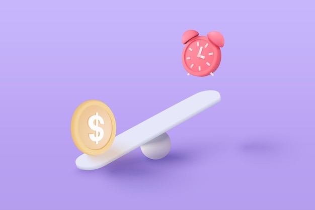 3D-Geldmünze vergleichen Wecker auf Waagen Finanzinvestitionen Geldeinsparung Geldwechsel mit Zeit Finanzmanagementkonzept 3D-Waagenvektor rendern auf violettem Hintergrund