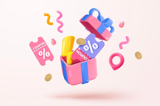 3D-Geschenkkiste öffnet sich Einfachheit Ikonen Schilder mit Konfetti Feuerwerk explodiert mit Band für Überraschung Gewinner Preis Geburtstagsparty und Jubiläum 3D- Geschenkkiste Ikonen Vektor render Illustration