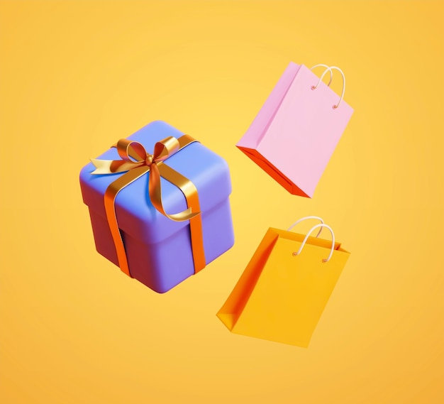 3D-Geschenkkiste und Einkaufstaschen