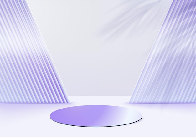 3D-Glashintergrundprodukte zeigen Podiumsszene mit violetter Plattform an. Hintergrundvektor 3D-Rendering mit Podium. Stand, um kosmetische Produkte zu zeigen. Bühnenvitrine auf Podest-Display lila Studio