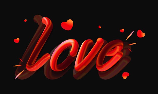 Vektor 3d glossy blend red text effekt von love font dekor mit winzigen herzen auf schwarzem hintergrund