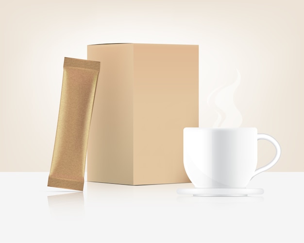 Vektor 3d glossy stick beutel und tasse mit papierbox lokalisiert auf weißem hintergrund. konzeptdesign für lebensmittel- und getränkeverpackungen.