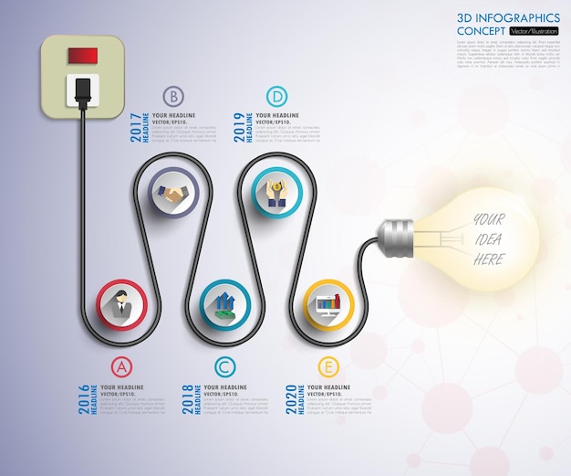 3D-Glühbirnen-Timeline-Infografiken mit Symbolen setzen Vektorillustration