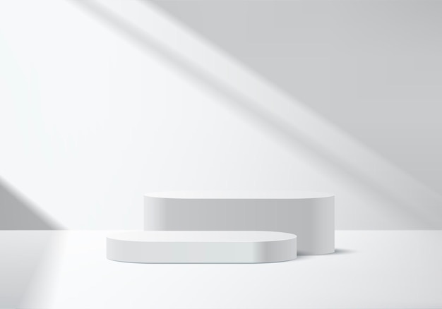 3D-Grau-Hintergrund-Anzeige Podiumsszene mit Blatt-Schatten-Plattform Schwarz-Weiß-Fußboden-Einfachheit und Spotlight-Stadion-Stand zur Ausstellung von kosmetischen Produkten Auszeichnung 3D-Bühne-Vektor-Render-Illustration