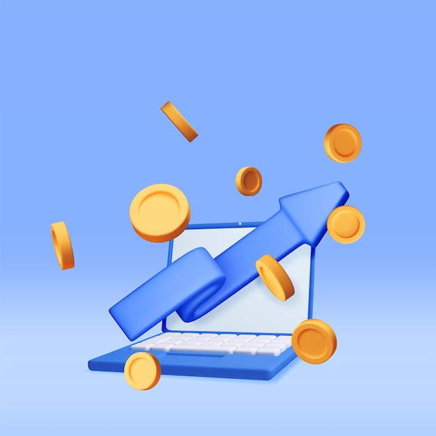 3D-Growth-Aktien-Münzdiagramm und Pfeil auf Laptop