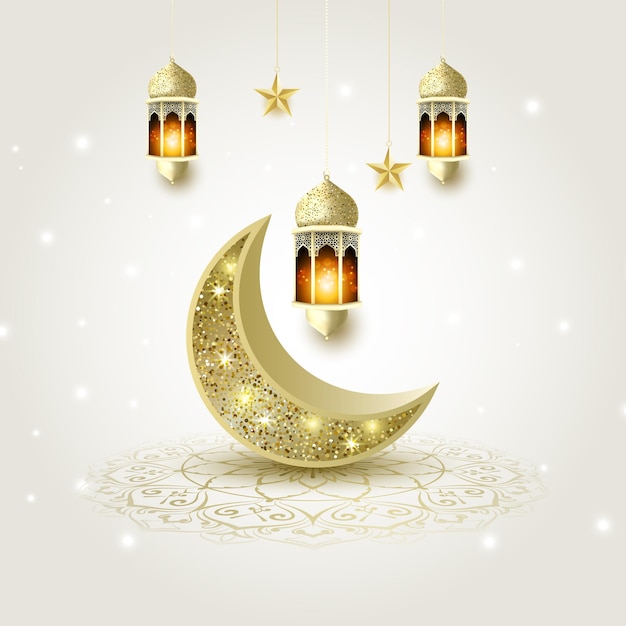 Vektor 3d halbmond glitter gold lantern stern ramadan kareem design illustration