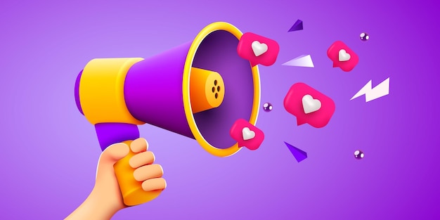 3D-Hand, die Megaphon-Lautsprecher oder Lautsprecher-Bullhorn hält, um Mockup mit ähnlichen Benachrichtigungen anzukündigen Werbung für soziale Medien