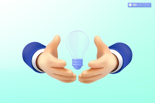 3D-Handschutz schützt Glühbirnen-Symbol Inspiration Brainstorming Entwicklung geistiges Eigentum Idee Ikonen Metapher Konzept 3D-Vektor isolierte Illustration Cartoon Pastell Minimalstil