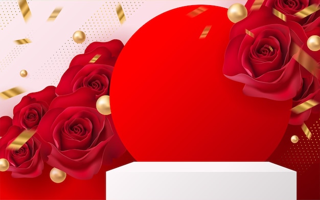 3D-Hintergrundprodukte für Valentinstag-Podium im roten Rosenhintergrundvektor 3d mit Zylinder. Podiumsstand, um kosmetisches Produkt mit handwerklichem Stil im Hintergrund zu zeigen.