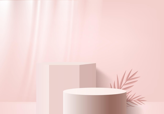3D-Hintergrundprodukte zeigen Podiumsszene mit geometrischer Plattform an. 3D-Rendering des Hintergrundes mit Podium. Bühnenvitrine auf Podestdisplay rosa Studio