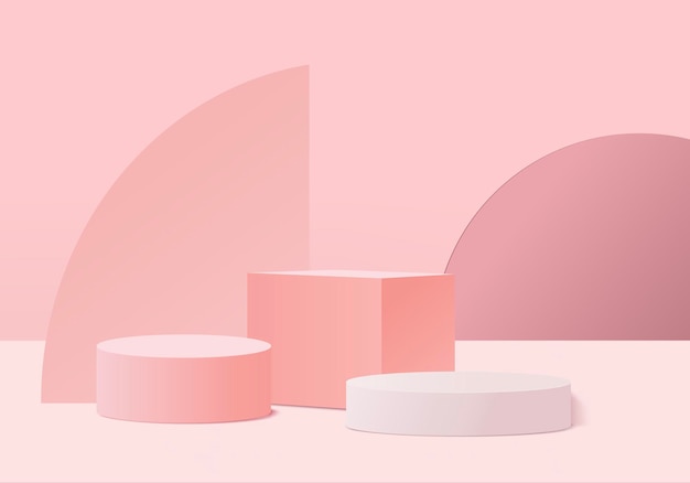 3D-Hintergrundprodukte zeigen Podiumsszene mit geometrischer Plattform an. 3D-Rendering des Hintergrundes mit Podium. Bühnenvitrine auf Podestdisplay rosa Studio
