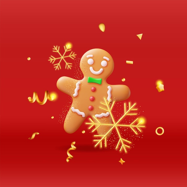 3d holiday gingerbread man cookie und confetti render cookie in form eines menschen mit farbiger eiscreme happy new year dekoration merry christmas holiday new year xmas celebration vektorillustration