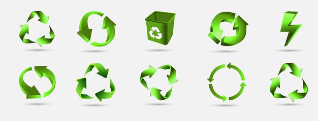 3d-icon-set recyceln recycling grünes farbsymbol bedeutet die verwendung von recycelten ressourcen