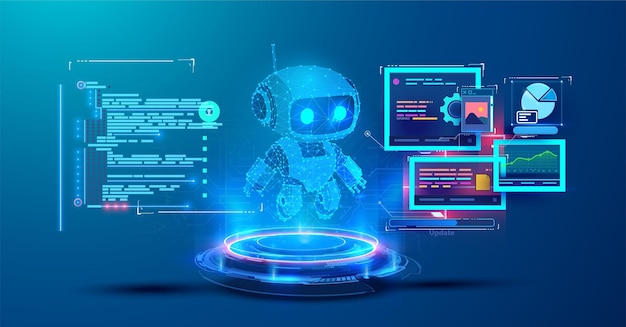 3D-Illustration eines futuristischen Roboters, der von digitalen Schnittstellen und Datenvisualisationen umgeben ist, die Technologie und künstliche Intelligenz darstellen.