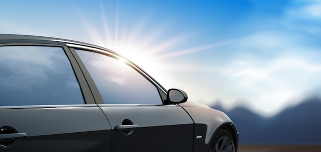Vektor 3d-illustration eines generischen schwarzen autos mit von hinten leuchtender sonne im freien und blauem himmel als hintergrund