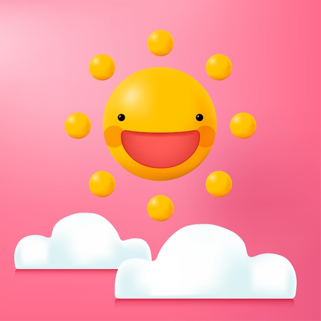 3D-Illustration lächelnder Sonnen-Cartoon mit Wolken