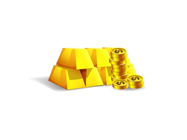3D-Illustration von Goldstäbchen und Münzen auf weißem Hintergrund