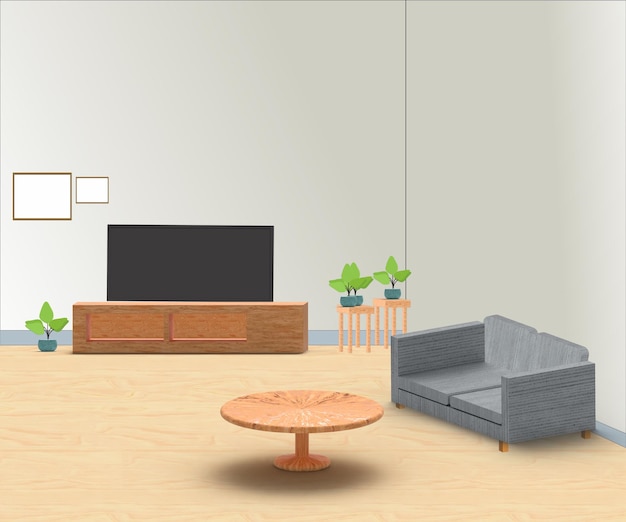 3D-Innenarchitektur eines modernen Wohnzimmers mit Sofa, Couchtisch und Fernseher. 3D-Innenarchitektur