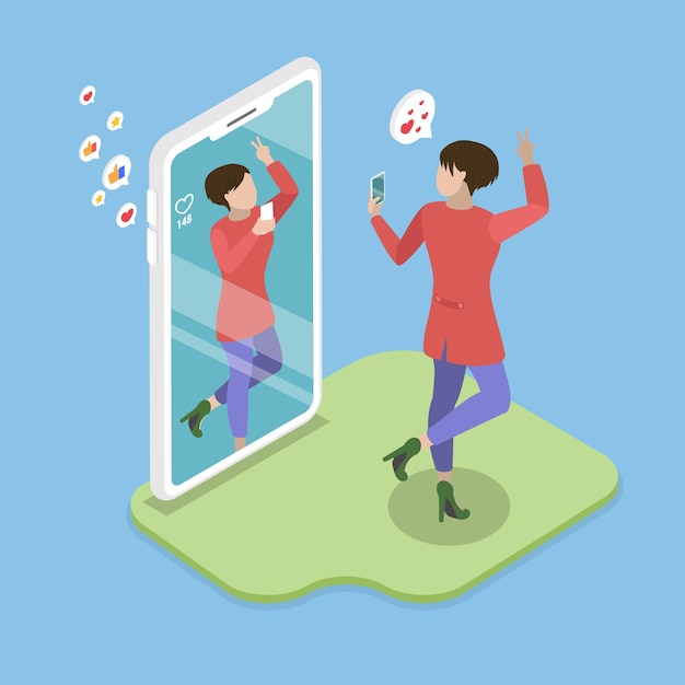 3D-isometrische flache Vektorillustration der Selfie-Kultur Internet und Gadget-Sucht Sucht