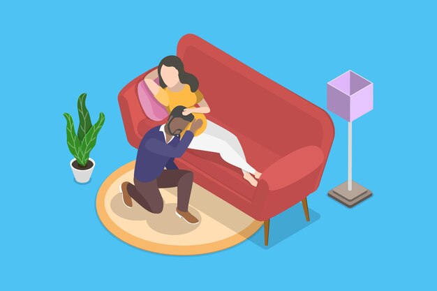 3D-isometrische flache Vektorillustration von Schwangerschaft und Mutterschaft glückliches Paar erwartet ein Baby