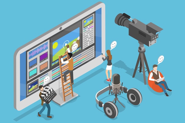 3D-isometrische flache Vektorillustration von Software für die Videobearbeitung von Filmmaterialmontage