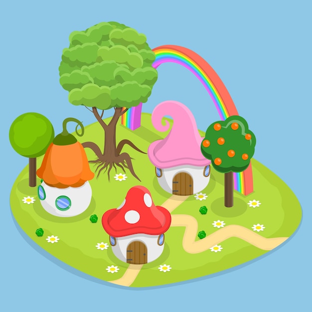 3D-Isometrische flache Vektorkonzeptionelle Illustration des Märchenwaldes