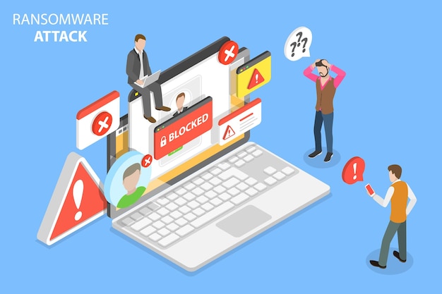 3D-isometrische flache Vektorkonzeptionelle Illustration eines Ransomware-Angriffs