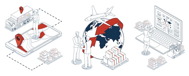 3D-isometrische Szenen, die multimodale Export-Import-Operationen mit autonomen Lieferrobotern darstellen