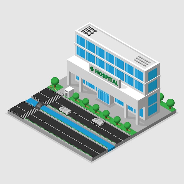 3D isometrisches Krankenhaus und Krankenwagen