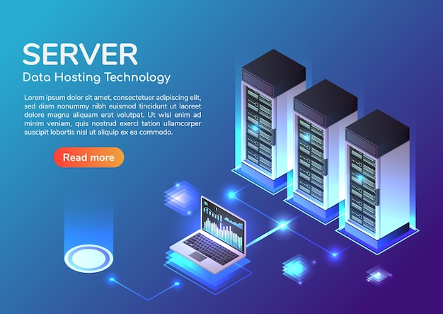 Vektor 3d isometrisches webbanner serverraum und hosting-speichertechnologie. webhosting-server und zielseitenkonzept für rechenzentren.