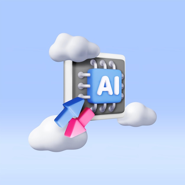3D KI-Chip mit Pfeilen in Wolken
