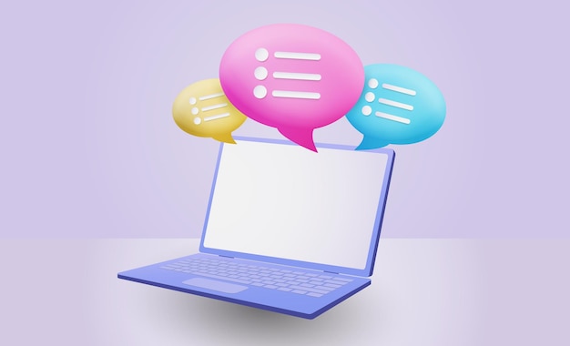 3D-Laptop-Ikonen Sprachblase im Notebook Diskussionsbildschirm Rendering Illustration Ballon für Sprache Online-Gespräche und Chats Dialog Kommunikation Kommentar in sozialen Medien Vektorkonzept