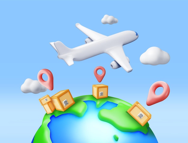 3D-Lieferung Flugzeugglobus und Kartonbox