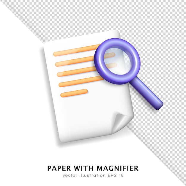 3D lila glänzende Lupe und weißes Papierblatt mit orangefarbenem Text. Hinweis mit gewellter Ecke