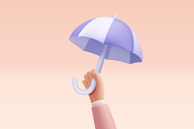 3D lila Regenschirm-Symbol mit gekrümmtem Griff in der Hand auf pastellfarbenem Hintergrund Regenzeit oder Versicherungsschutz minimaler Konzept 3D Regenschirm Ikonen Vektor mit Schatten-Render-Illustration