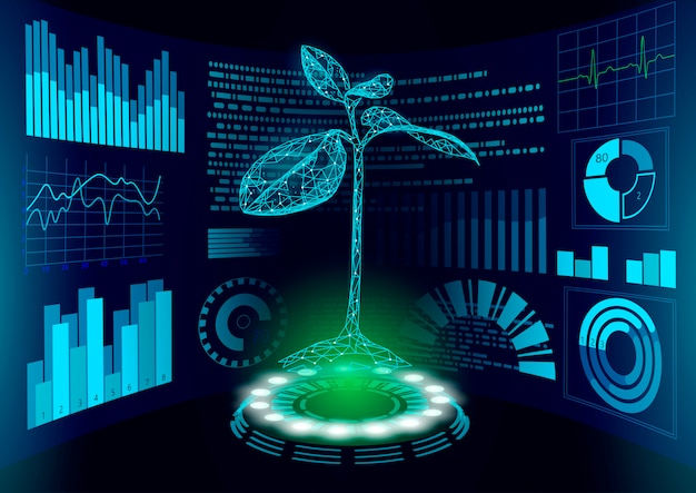 3D Low Poly Green Pflanze HUD UI-Anzeige. Zukünftige polygonale Dreieckspunktlinie Ökologieprobleme Lösung abstrakte Biologie Genom Engineering Illustration zukünftige Geschäftstechnologie