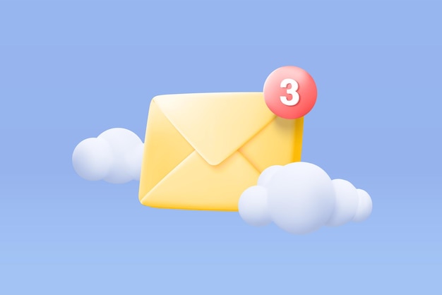 Vektor 3d-mail-umschlag-symbol mit benachrichtigung neue nachricht auf blauem himmel wolkenhintergrund minimaler e-mail-brief mit blase ungelesenes symbol nachrichtenkonzept 3d-vektor-render-isolierter blauer pastellhintergrund