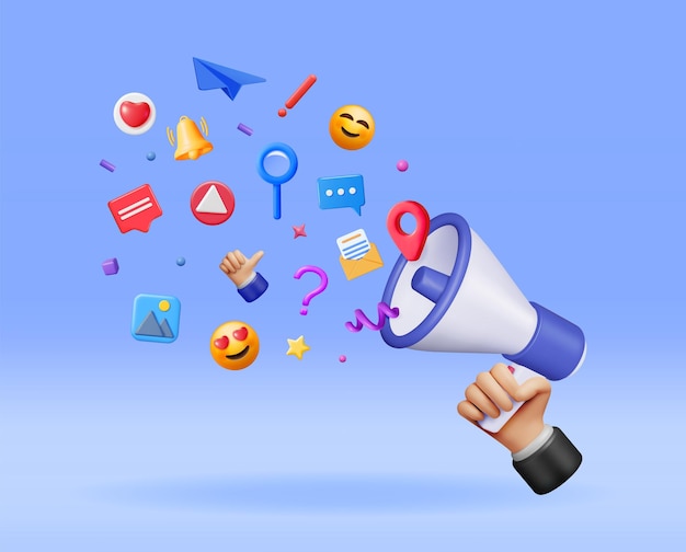 3D-Megaphon mit fliegenden Social Media-Symbolen