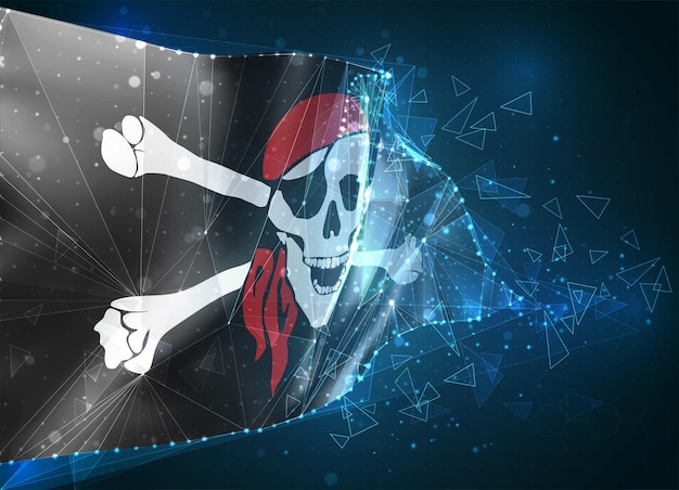 3d-mesh-flagge eines piratenschädels auf einem schwarzen, virtuellen abstrakten 3d-objekt aus dreieckigen polygonen auf blauem hintergrund