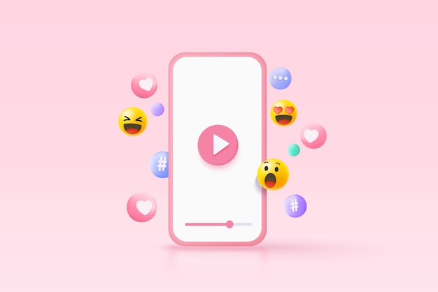 3D-Minimal-Social-Media mit Emoji-Hashtag-Rede auf mobiler Hand, die Schnittstellenoptimierung für Banner und Website für Mockup-Mobiltelefonkonzept hält 3D-Social-Network-Vektor-Render-Illustration