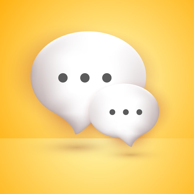 Vektor 3d minimale weiße chat-blasen auf gelbem hintergrund konzept von social-media-nachrichten