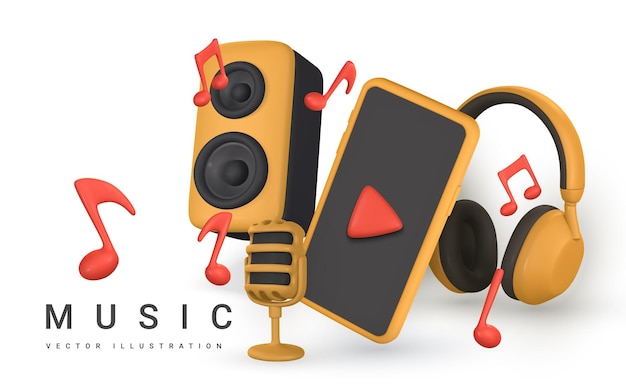 3d-musikbanner realistisches mikrofon, smartphone, musiknoten, kopfhörer und lautsprecher im cartoon-stil aus kunststoff. vektorillustration