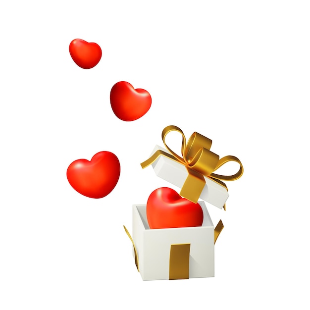 3D-Offen-Geschenkkiste mit goldenem Band und roten fliegenden Herzen
